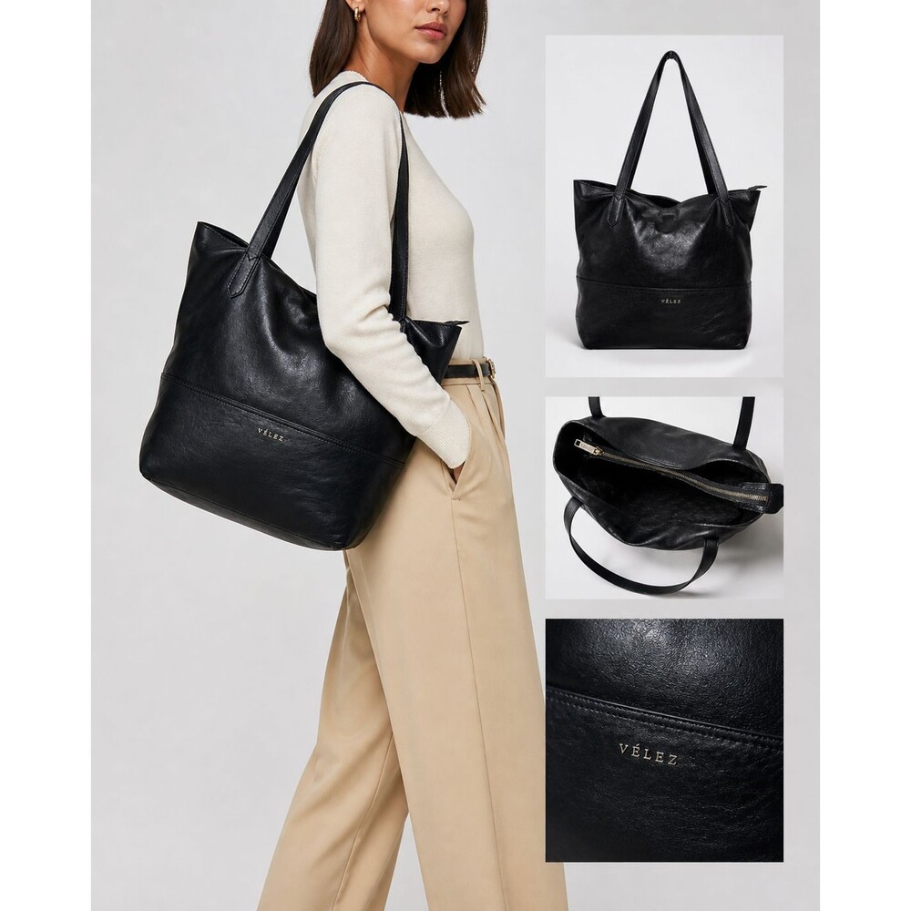Velez Black Leather Tote Large Minimalist Shoulder Bag Zipper Top - Picture 12 of 12